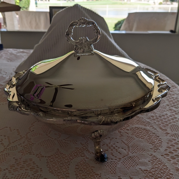 Elegant Silver Covered Serving Dish with glass bowl